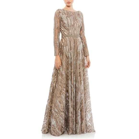 MAC DUGGAL Mocha SEQUIN LONG SLEEVE BATEAU A LINE GOWN - Picture 1 of 17